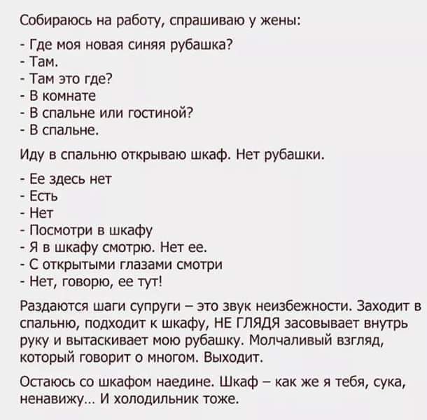 Собираюсь на работу спрашиваю у жены Где моя новая синяя рубашка Там Там это где В комнате В спальне или гостиной В спальне Иду в спальню открываю шкаф Нет рубашки Ее здесь нет Есть Нет Посмотри в шкафу Я в шкафу смотрю Нет ее С открытыми глазами смотри Нет говорю ее тут Раздаются шаги супруги это звук неизбежности Заходит в спальню подходит к шкафу НЕ ГЛЯДЯ засовывает внутрь руку и вытаскивает мо