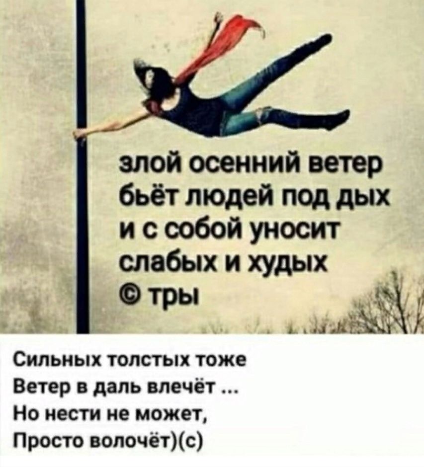 злой осенний ветер бьёт людей под дых и ссобой уносит слабых и худых от ойй Сильных толстых тоже Ветер в даль влечёт Но нести не может Просто волочётс