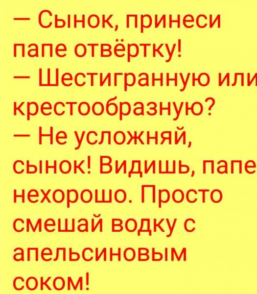 Сынок принеси папе отвёртку Шестигранную или крестообразную Не усложняй сынок Видишь папе нехорошо Просто смешай водку с апельсиновым соком