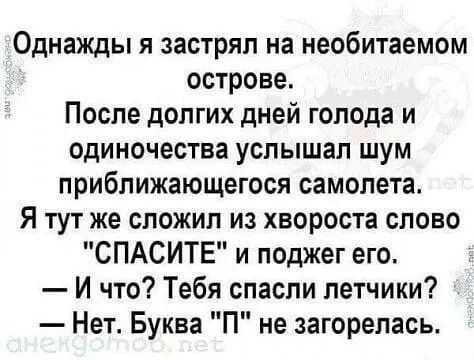 Однажды я застрял на необитаемом острове После долгих дней голода и одиночества услышал шум приближающегося самолета Я тут же сложил из хвороста слово СПАСИТЕ и поджег его И что Тебя спасли летчики Нет Буква П не загорелась