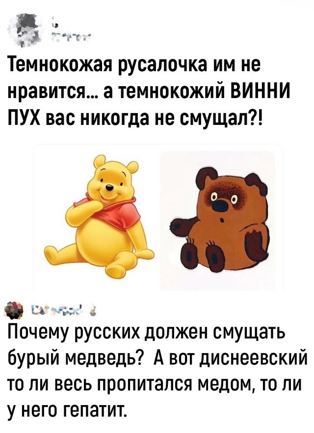 рое ъ Темнокожая русалочка им не нравится а темнокожий ВИННИ ПУХ вас никогда не смущал уе Почему русских должен смущать бурый медведь А вот диснеевский то ли весь пропитался медом то ли у него гепатит