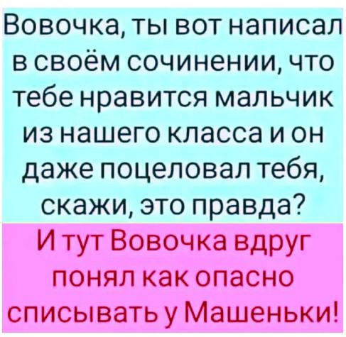 Вовочка ты вот написал всвоём сочинении что тебе нравится мальчик из нашего класса и он даже поцеловал тебя скажи это правда И тут Вовочка вдруг понял как опасно списывать у Машеньки