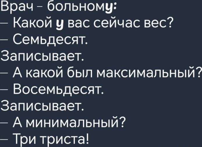 Врач больному Какой у вас сейчас вес Семьдесят Записывает А какой был максимальный Восемьдесят Записывает А минимальный оо Ге и ио е К