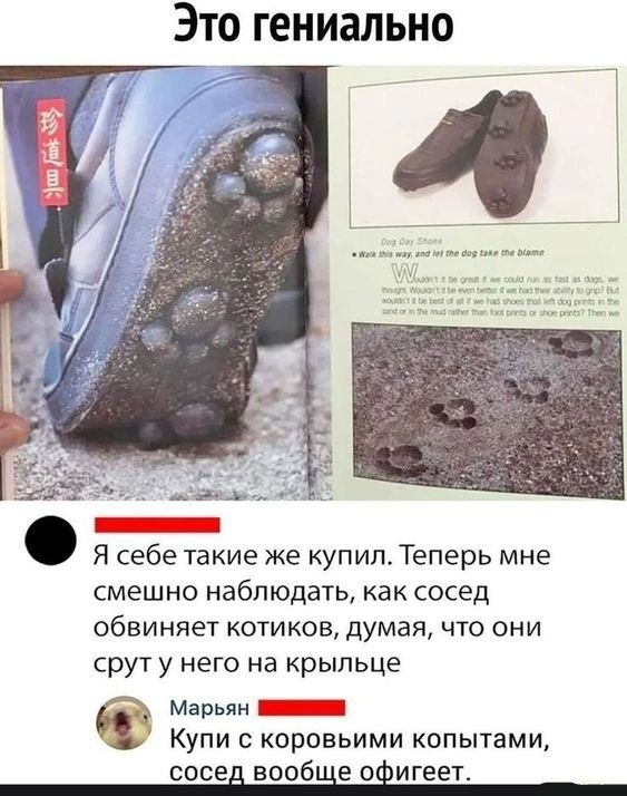 Это гениально Я себе такие же купил Теперь мне смешно наблюдать как сосед обвиняет котиков думая что они срут у него на крыльце Марьян иииини КУПИ с коровьими копытами сосед вообше оигеет