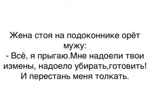 Жена стоя на подоконнике орёт мужу Всё я прыгаюМне надоели твои измены надоело убиратьготовить И перестань меня толкать