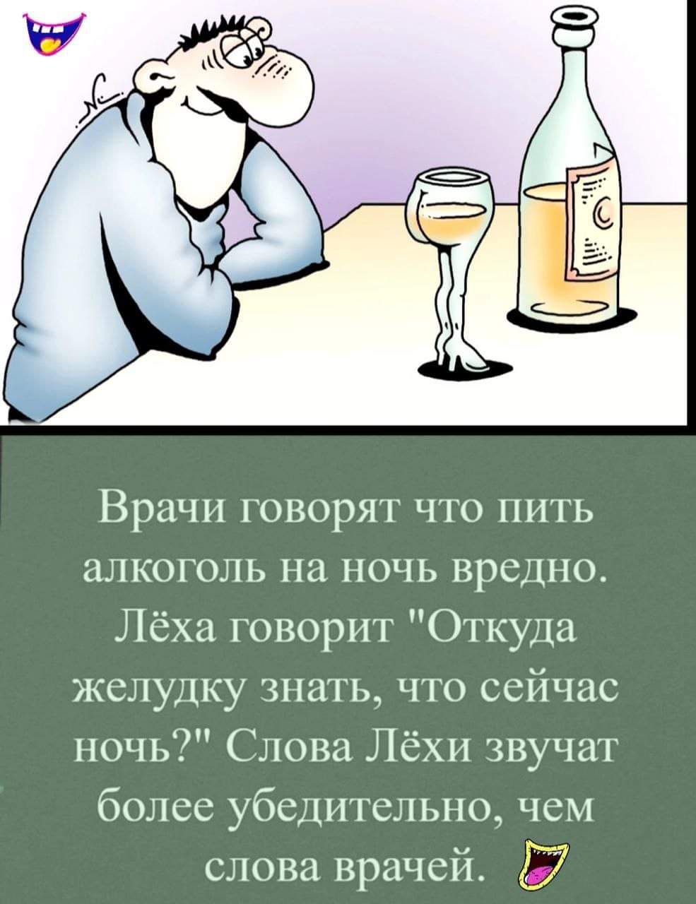 Враіяи говорят что пить алкоголь на ночь вредно Лёха говорит Откуда желудку знать что сейчас ночь Слова Лёхи звучат более убедительно чем слова врачей 7