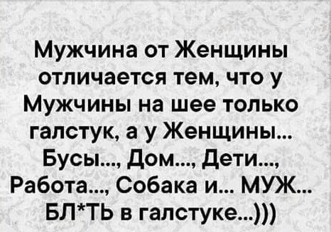 Мужчина от Женщины отличается тем что у Мужчины на шее только галстук а у Женщины Бусы Дом Дети Работа Собака и МУЖ БЛТЬ в галстуке