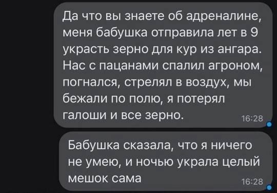 Да что вы знаете об адреналине меня бабушка отправила лет в 9 украсть зерно для кур из ангара Нас с пацанами спалил агроном погнался стрелял в воздух мы бежали по полю я потерял галоши и все зерно 1628 Бабушка сказала что я ничего не умею и ночью украла целый мешок сама 1628 Ч