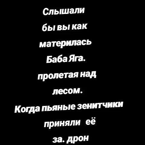 Слышали бы вы как материлась БабаЯга пролетая над лесом Когдапьяные зенитчики приняли её за дрон