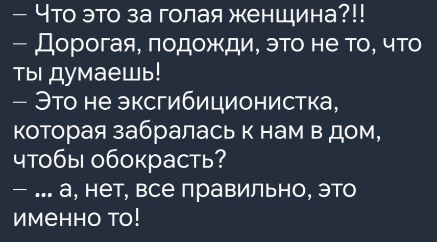 Что это за голая женщина Дорогая подожди это не то что ты думаешь Это не эксгибиционистка которая забралась к нам в дом 7 к о1 Кеое о о у уа а нет все правильно это именно то