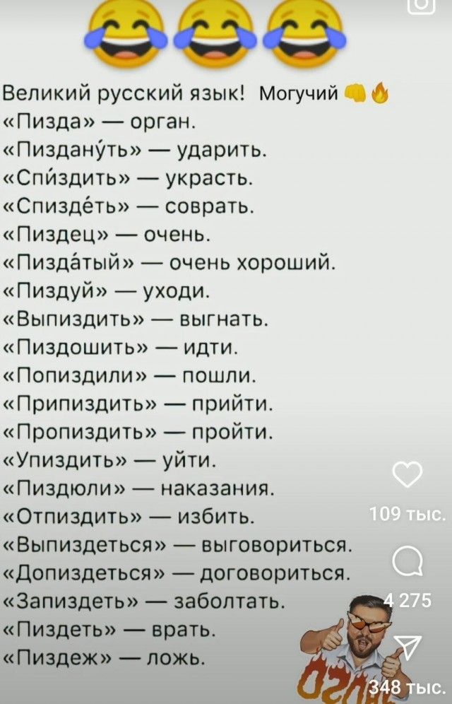 Великий русский язык Могучий Пизда орган Пиздануть ударить Спйздить украсть Спиздёть соврать Пиздец очень Пиздатый очень хороший Пиздуй уходи Выпиздить выгнать Пиздошить идти Попиздили пошли Припиздить прийти Пропиздить пройти Упиздить уйти Пиздюли наказания Отпиздить избить Выпиздеться выговориться Допиздеться договориться Запиздеть заболтать Пиздеть врать Пиздеж ложь