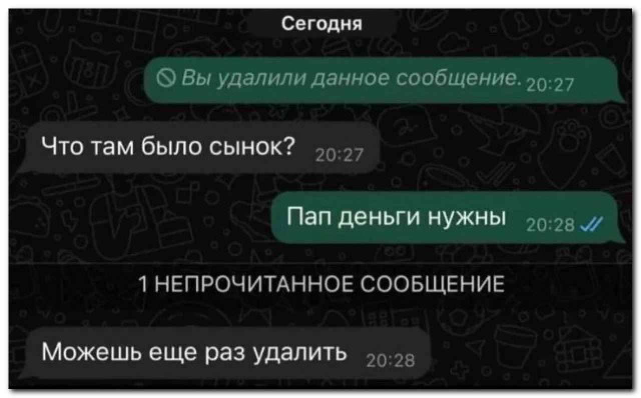 Сегодня Вы удалили данное сообщение 2027 Что там было сынок Пап деньги нужны о2в 1 НЕПРОЧИТАННОЕ СООБЩЕНИЕ Можешь еще раз удалить