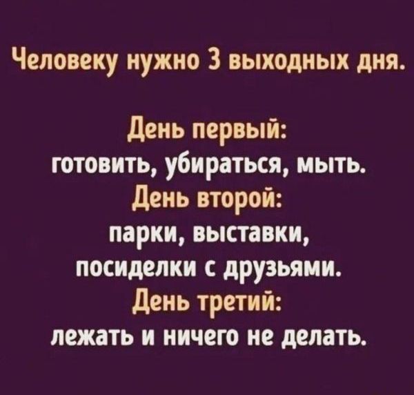 Человеку нужно 3 выходных дня День первый готовить убираться мыть День второй парки выставки посиделки с друзьями ПСО Та лежать и ничего не делать