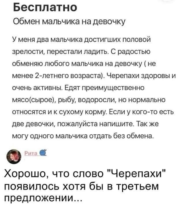 Бесплатно Обмен мальчика на девочку У меня два мальчика достигших половой зрелости перестали ладить С радостью обменяю любого мальчика на девочку не менее 2 летнего возраста Черепахи здоровы и очень активны Едят преимущественно мясосырое рыбу водоросли но нормально относятся и к сухому корму Если у кого то есть две девочки пожалуйста напишите Так же могу одного мальчика отдать без обмена Хорошо чт