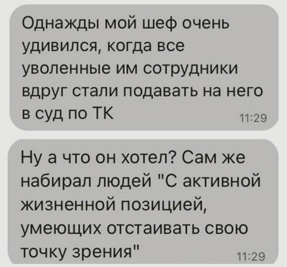 Однажды мой шеф очень удивился когда все уволенные им сотрудники вдруг стали подавать на него в суд по ТК 1129 Нуа что он хотел Сам же набирал людей С активной жизненной позицией умеющих отстаивать свою точку зрения 1129
