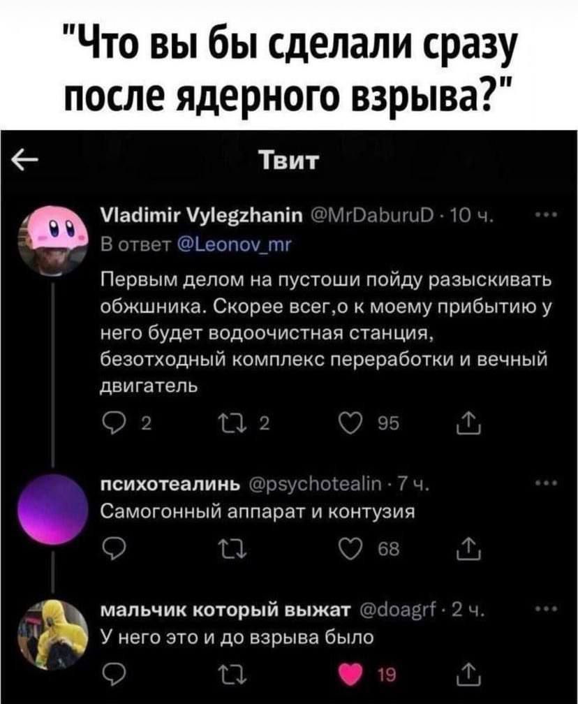 Что вы бы сделали сразу после ядерного ВЗрыва Твит Маййтиг МуевгНатйт 1еопоу_тг Первым делом на пустоши пойду разыскивать обжшника Скорее всего к моему прибытию у него будет водоочистная станция безотходный комплекс переработки и вечный двигатель психотеалинь Самогонный аппарат и контузия мальчик который выжат Унего это и до взрыва было