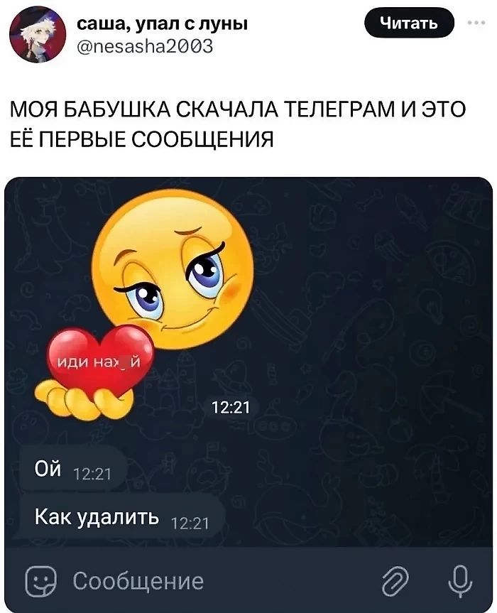 саша упал с луны езасна2003 МОЯ БАБУШКА СКАЧАЛА ТЕЛЕГРАМ И Э ЕЁ ПЕРВЫЕ СООБЩЕНИЯ 1221 Как удалить 1221 Сообщение