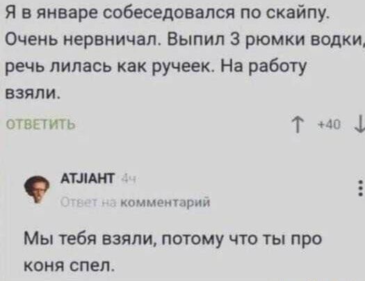 Я в январе собеседовался по скайпу Очень нервничал Выпил 3 рюмки водки речь лилась как ручеек На работу взяли ОТВЕТИТЬ Т 40 АТЛАНТ комментарий Мы тебя взяли потому что ты про коня спел