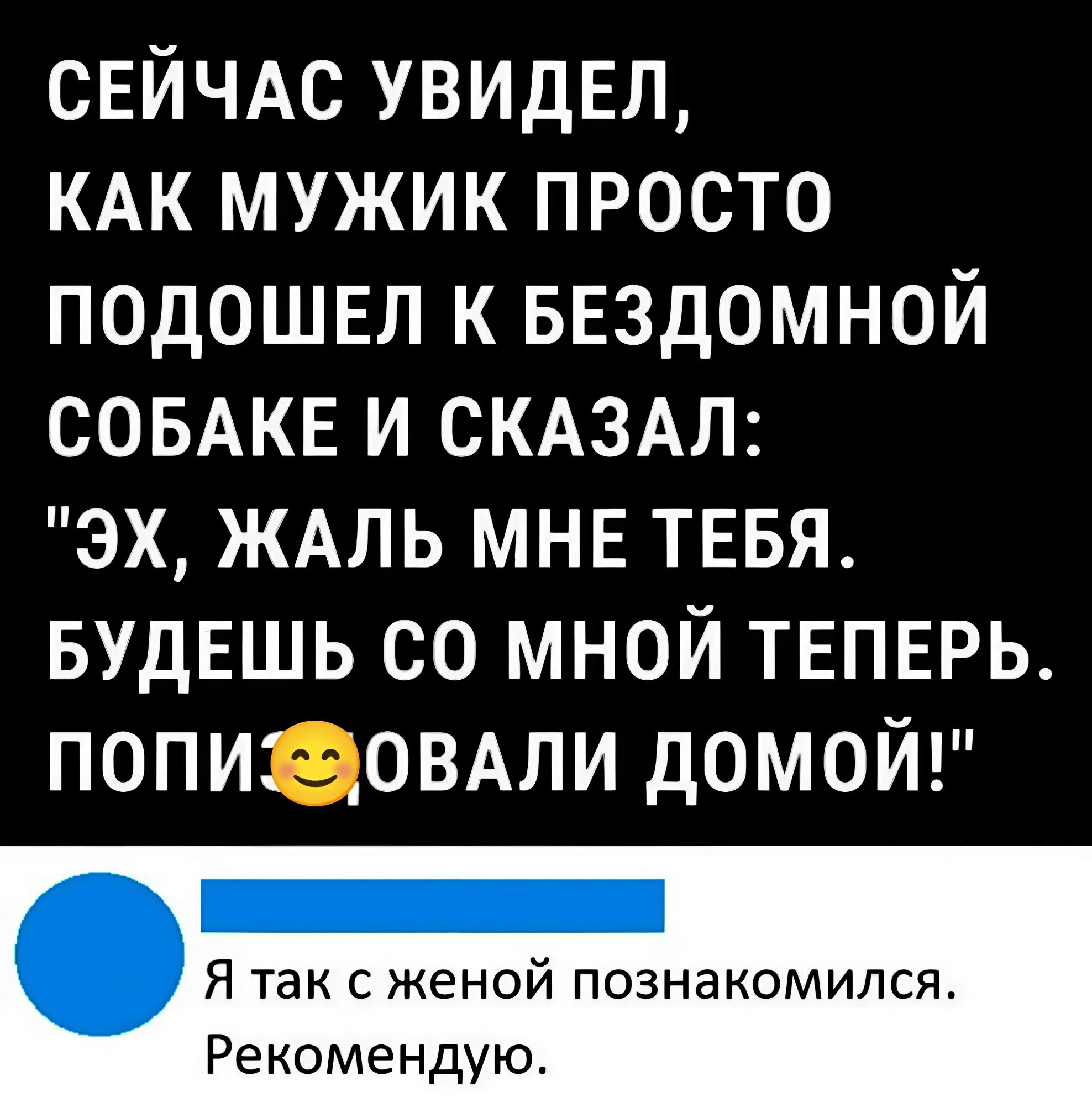 СЕЙЧАС УВИДЕЛ КАК МУЖИК ПРОСТО ПОДОШЕЛ К БЕЗДОМНОЙ СОБАКЕ И СКАЗАЛ ЭХ ЖАЛЬ МНЕ ТЕБЯ БУДЕШЬ СО МНОЙ ТЕПЕРЬ ПОПИЗ оВАЛИ ДОМОЙ Я так с женой познакомился Рекомендую