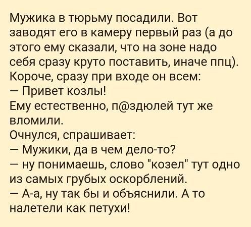 Мужика в тюрьму посадили Вот заводят его в камеру первый раз а до этого ему сказали что на зоне надо себя сразу круто поставить иначе ппц Короче сразу при входе он всем Привет козлы Ему естественно пздюлей тут же вломили Очнулся спрашивает Мужики да в чем дело то ну понимаешь слово козел тут одно из самых грубых оскорблений Аза ну так бы и объяснили А то налетели как петухи