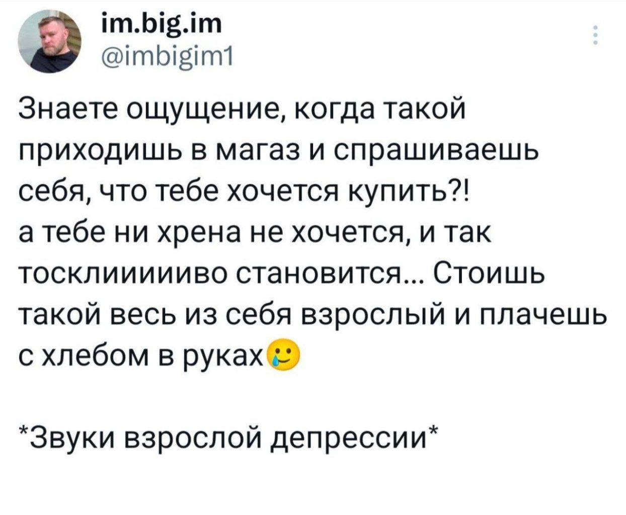 Та ЫВА тЫ т Знаете ощущение когда такой приходишь в магаз и спрашиваешь себя что тебе хочется купить атебе ни хрена не хочется и так тосклиииииво становится Стоишь такой весь из себя взрослый и плачешь схлебом в руках Звуки взрослой депрессии