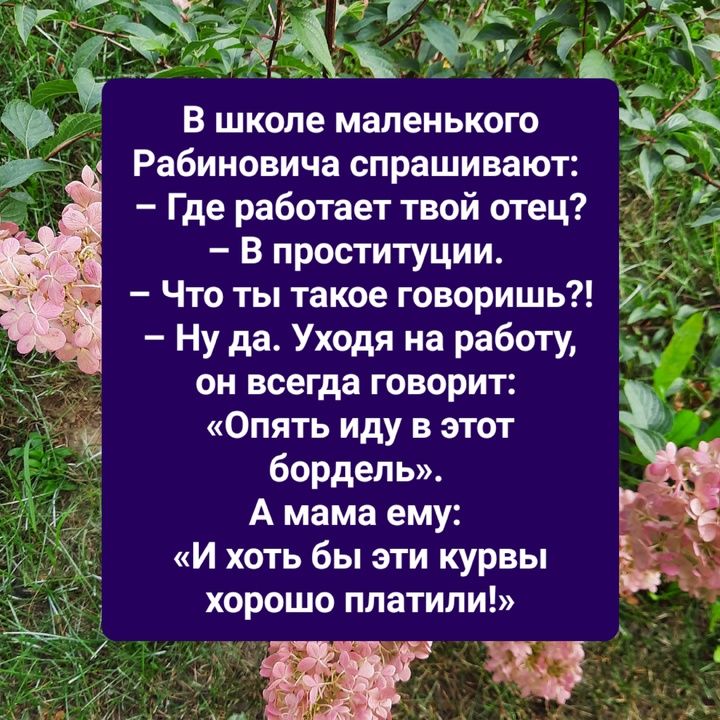 В школе маленького Рабиновича спрашивают Где работает твой отец В проституции К Ну да Уходя на работу он всегда говорит Опять иду в этот бордель А мама ему И хоть бы эти курвы хорошо платили