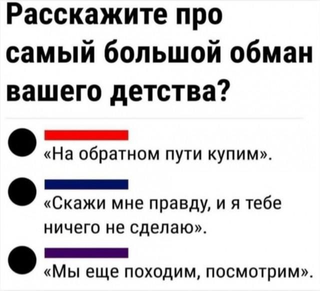Расскажите про самый большой обман вашего детства енно в На обратном пути купим Гонлоно о Скажи мне правду и я тебе ничего не сделаю аопаиичетннискс Мы еще походим посмотрим
