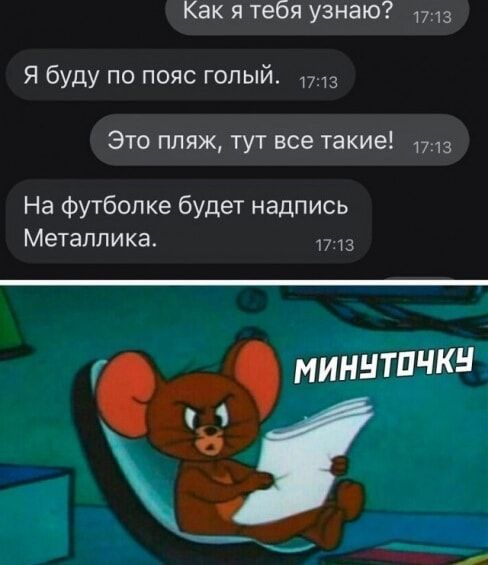 Как я тебя узнаю 1713 Я буду по пояс голый 1713 Это пляж тут все такие 1713 На футболке будет надпись Металлика 1713 МИНУТОЧКУ