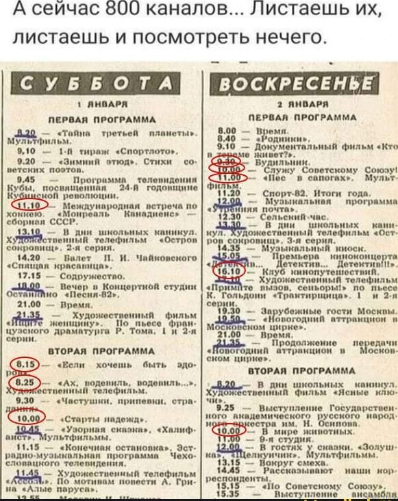 А сейчас 800 каналов Листаешь их листаешь и посмотреть нечего СУББОТА ВОСКРЕСЕНЬЕ 1 яНВАРя а АНВАРЯ ПЕРВАЯ ПРОГРАММА ПЕРВАЯ ПРОГРАММА 809 премя Документельный фильм Кто бужу боветскому Сокоу ЧО ооанотая Ка АОнцине 39 слорт гола пБограмма Мемдуниродная встроча По Момреаль Канадиемся сёёв передачи ВТОРАЯ ПРОГРАММА ___ЁЁтжд транцисио в Москов Если хочешь быть эдо о оРАЕтВРОсНй вая ккка ОЕНеНе ПоНЕ Ва