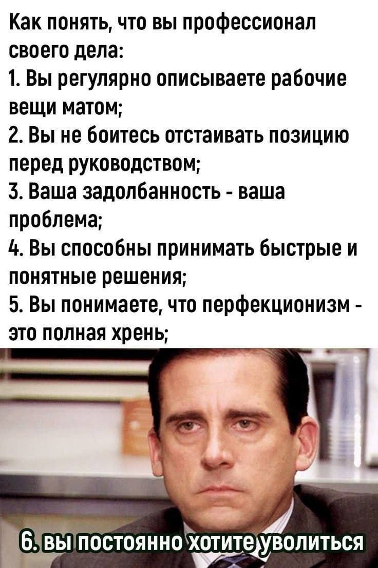 Как понять что вы профессионал своего дела 1 Вы регулярно описываете рабочие вещи матом 2 Вы не боитесь отстаивать позицию перед руководством 3 Ваша задолбанность ваша проблема 4 Вы способны принимать быстрые и понятные решения 5 Вы понимаете что перфекционизм это полная хрень М БВЫ ПОСТОЯННО ХОТИТЕЁВОПИТЬСЯ
