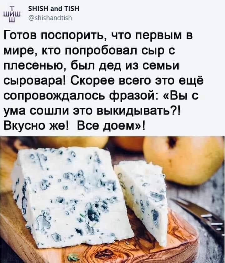т Н5Н апа Т5 5м5бапачсн Готов поспорить что первым в мире кто попробовал сыр с плесенью был дед из семьи сыровара Скорее всего это ещё сопровождалось фразой Вы с ума сошли это выкидывать Вкусно же Все доем