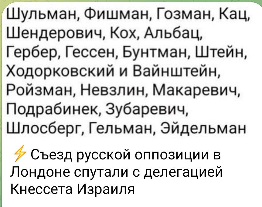 Шульман Фишман Гозман Кац Шендерович Кох Альбац Гербер Гессен Бунтман Штейн Ходорковский и Вайнштейн Ройзман Невзлин Макаревич Подрабинек Зубаревич Шлосберг Гельман Эйдельман Съезд русской оппозиции в Лондоне спутали с делегацией Кнессета Израиля