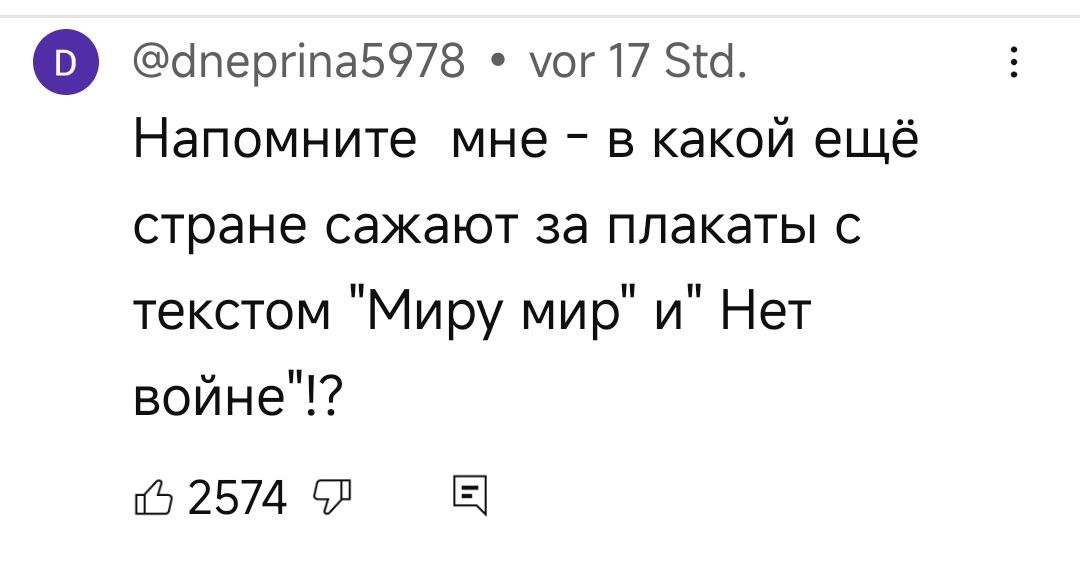 ечперппа5978 ог 17 5 Напомните мне в какой ещё стране сажают за плакаты с текстом Миру мир и Нет войне 2574 5Л Е