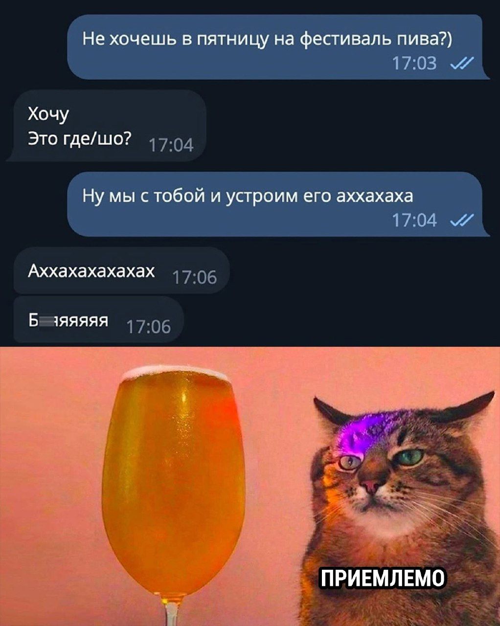 Нехочешь в пятницу на фестиваль пива 1703 у Хочу Это гдешо Ну мы с тобой и устроим его аххахаха 1704 ми Аххахахахахах Бечяяяяя