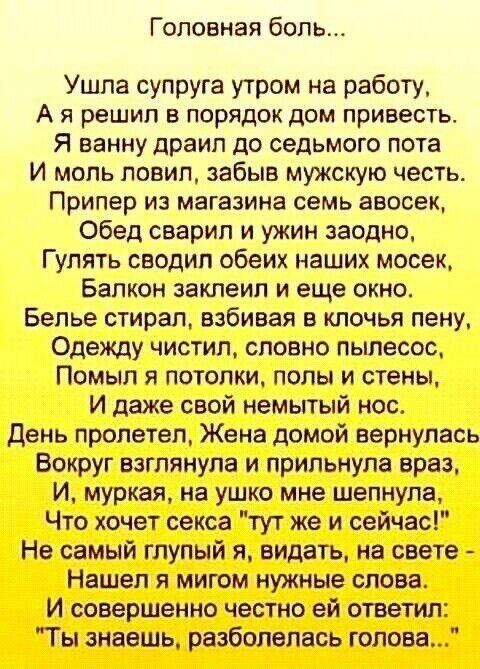 Головная боль Ушла супруга утром на работу Ая решил в порядок дом привесть Я ванну драил до седьмого пота И моль ловил забыв мужскую честь Припер из магазина семь авосек Обед сварил и ужин заодно Гулять сводил обеих наших мосек Балкон заклеил и еще окно Белье стирал взбивая в клочья пену Одежду чистил словно пылесос Помыл я потолки полы и стены И даже свой немытый нос День пролетел Жена домой верн