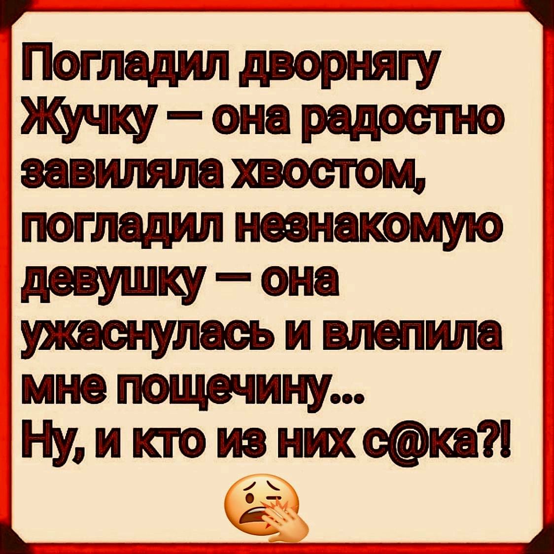 Р Погледил дворнягу Жучку она радостно завиляла хвостом погладил незнакомую девушку она ужеснулесь и влепила мне пощечину Ну и кто из них ска я Г