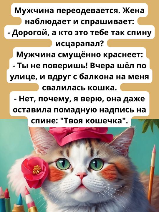 Мужчина переодевается Жена наблюдает и спрашивает Дорогой а кто это тебе так спину исцарапал Мужчина смущённо краснеет Ты не поверишь Вчера шёл по улице и вдруг с балкона на меня свалилась кошка Нет почему я верю она даже оставила помадную надпись на спине Твоя кошечка