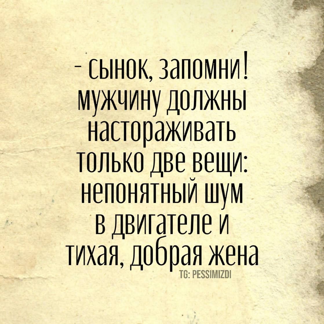 СЫНОк запомни Мужчину Должны настораживать тоЛЬко две вещи непонятный Шум в ДВигателе и тихая добрая жена Т РЕВУИМЕО