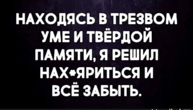 НАХОДЯСЬ В ТРЕЗВОМ УМЕ И ТВЁРДОЙ ПАМЯТИ Я РЕШИЛ НАХЯРИТЬСЯ И ВСЁ ЗАБЫТЬ
