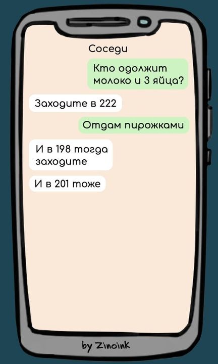 Соседи Кто одолжит молоко и 3 яйцо Зоходчте в 222 Отдоом пирожками И в 198 тогда зоходите И в 201 тоже