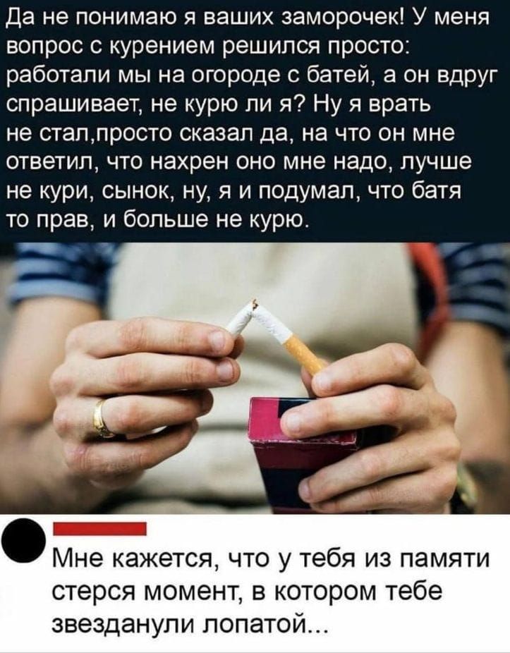 Да не понимаю я ваших заморочек У меня вопрос с курением решился просто работали мы на огороде с батей а он вдруг спрашивает не курю ли я Ну я врать не сталпросто сказал да на что он мне ответил что нахрен оно мне надо лучше не кури сынок ну я и подумал что батя то прав и больше не курю ь Мне кажется что у тебя из памяти стерся момент в котором тебе звезданули лопатой