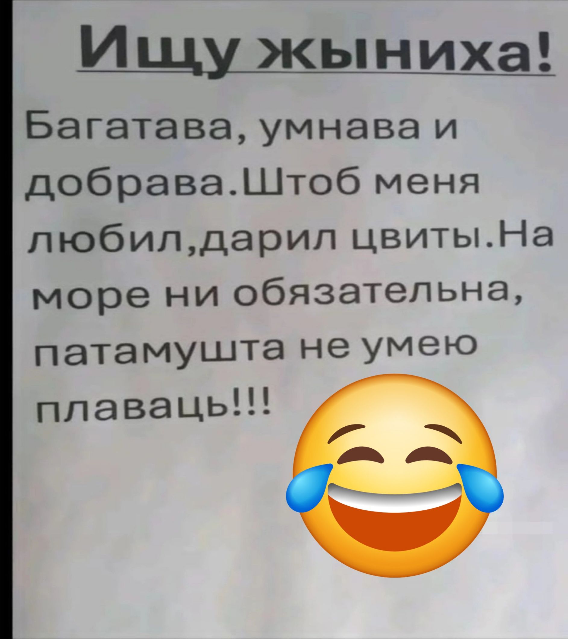 Ищу жыниха Багатава умнава и добраваШтоб меня любилдарил цвитыНа море ни обязательна патамушта не умею плаваць