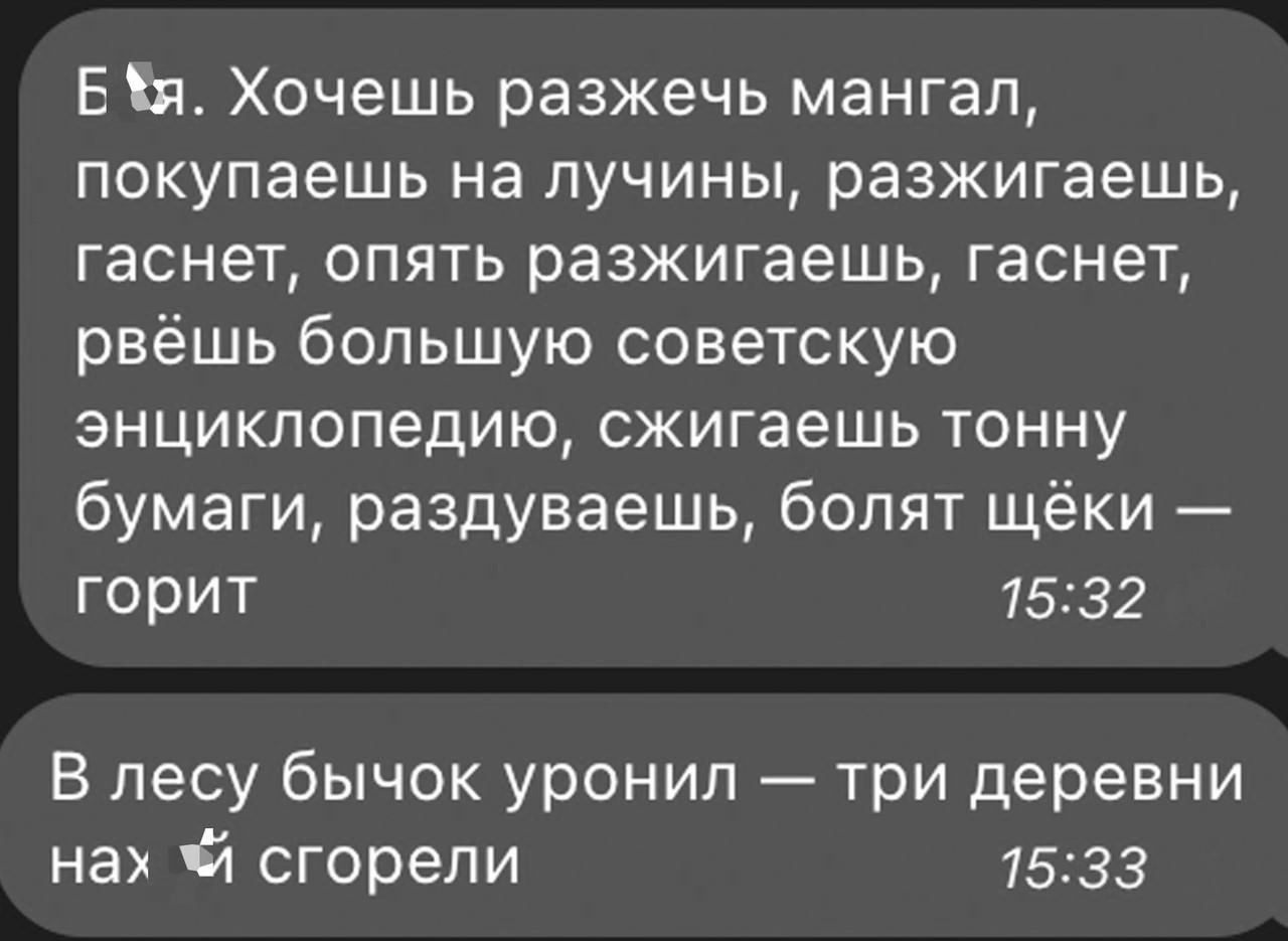 ЕБ я Хочешь разжечь мангал покупаешь на лучины разжигаешь гаснет опять разжигаешь гаснет рвёшь большую советскую энциклопедию сжигаешь тонну бумаги раздуваешь болят щёки горит 1532 В лесу бычок уронил три деревни нах й сгорели 1533