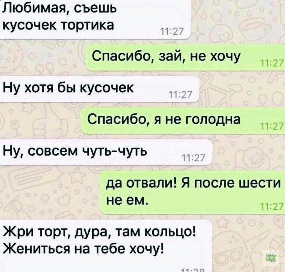 Любимая съешь кусочек тортика 12 Спасибо зай не хочу Ну хотя бы кусочек Спасибо я не голодна 1127 Ну совсем чуть чуть да отвали Я после шести Неем 1127 Жри торт дура там кольцо Жениться на тебе хочу