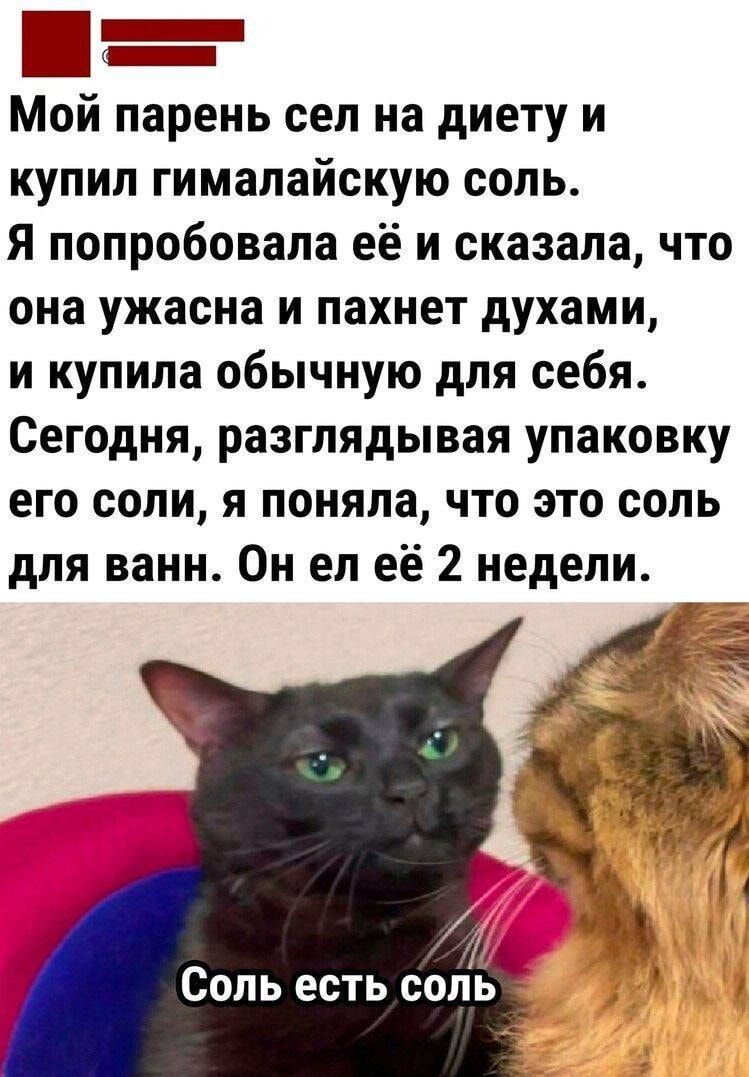 Е Мой парень сел на диету и купил гималайскую соль Я попробовала её и сказала что она ужасна и пахнет духами и купила обычную для себя Сегодня разглядывая упаковку его соли я поняла что это соль для ванн Он ел её 2 недели Соль есть соль