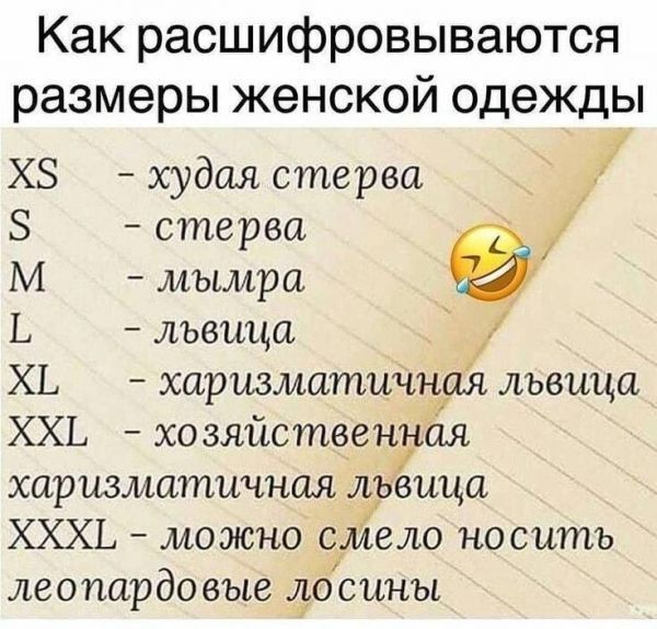 Как расшифровываются размеры женской одежды Х худая стерва Ъ стерва М мымра Ё львица ХВ т харизматичная львица ХХ хозяйс твенъая харизматичная львица ХХХ можно слело носить леопардовые лосины