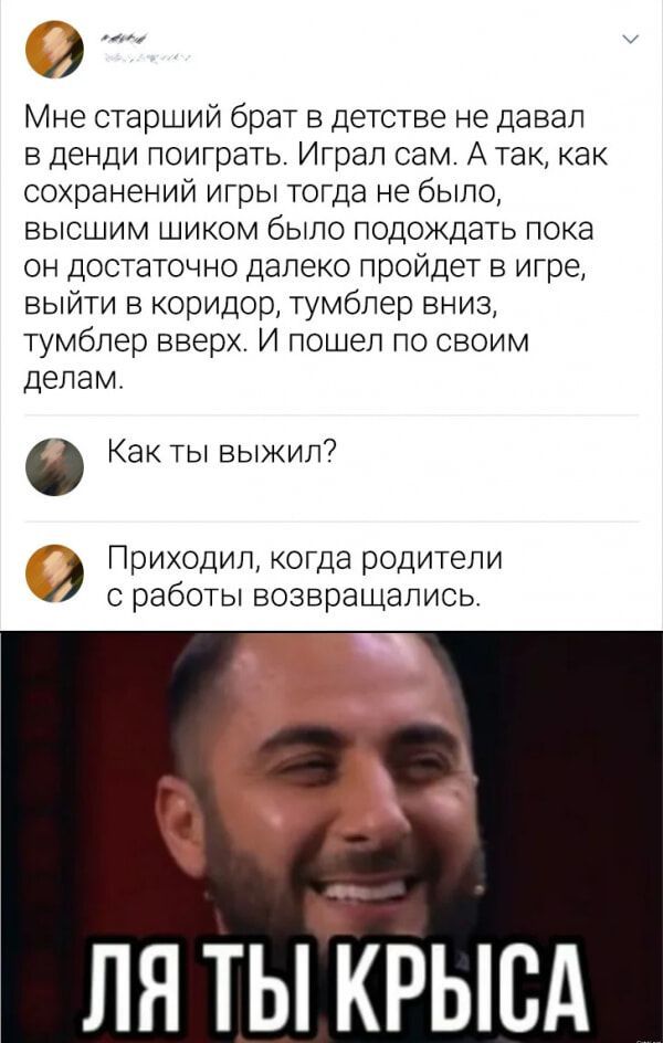 э Мне старший брат в детстве не давал в денди поиграть Играл сам А так как сохранений игры тогда не было высшим шиком было подождать пока он достаточно далеко пройдет в игре выйти в коридор тумблер вниз тумблер вверх И пошел по своим делам 0 Как ты выжил 2 Приходил когда родители с работы возвращались ЛЯ ТЫ КРЫСА