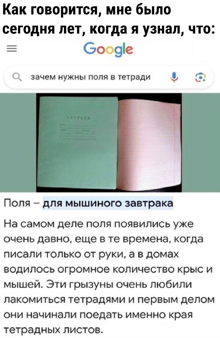 Как говорится мне было сегодня лет когда я узнал что Сооде зачем нужны поля в тетради К Поля для мышиного завтрака На самом деле поля появились уже очень давно еще в те времена когда писали только от руки а в домах водилось огромное количество крыс и мышей Эти грызуны очень любили лакомиться тетрадями и первым делом они начинали поедать именно края тетрадных листов