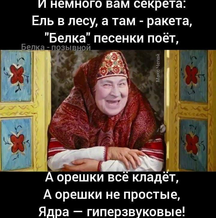 и немного вам секрета Ель в лесу а там ракета Белка песенки поёт Белка поЗывНой л і А орешки все кладеёт А орешки не простые Ядра гиперзвуковые