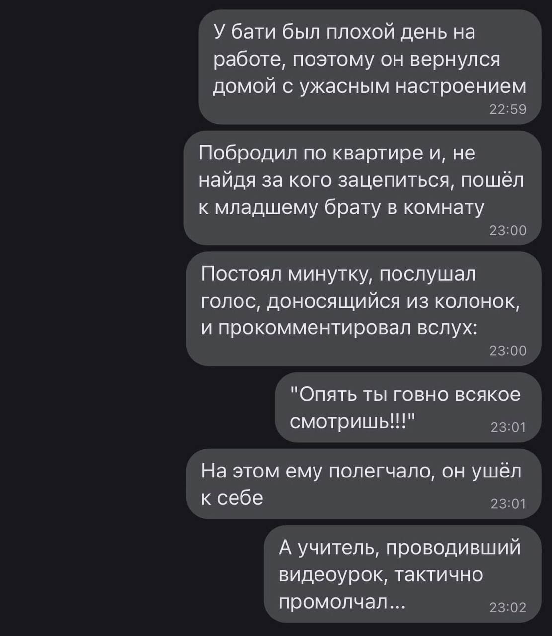 У бати был плохой день на работе поэтому он вернулся домой с ужасным настроением 2259 Побродил по квартире и не найдя за кого зацепиться пошёл к младшему брату в комнату 2300 Постоял минутку послушал голос доносящийся из колонок и прокомментировал вслух 2300 Опять ты говно всякое смотришь 2301 На этом ему полегчало он ушёл ксебе 2301 А учитель проводивший видеоурок тактично промолчал 2302